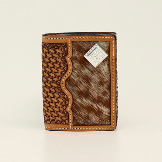 3D. TRIFOLD BASKETWEAVE TOOLED CALF HAIR SQUARE CONCHO TAN