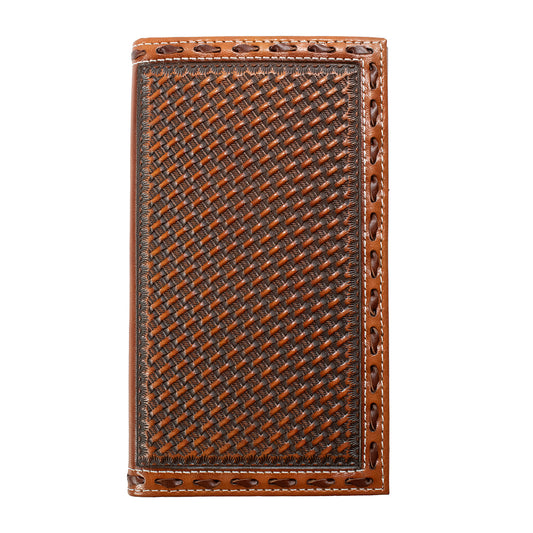 3D Brown Basketweave Embossed Trifold Rodeo Wallet