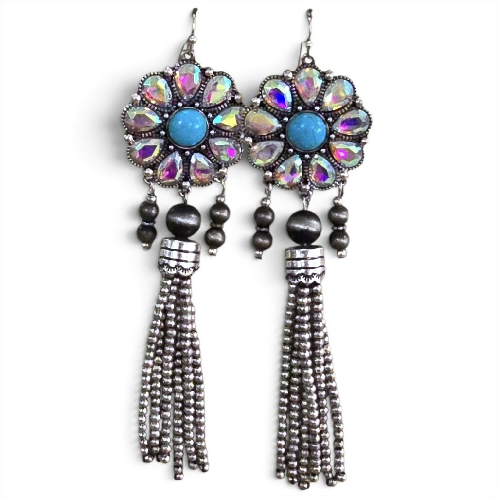 Turquoise AB Rhinestone Bead Fringe Earrings