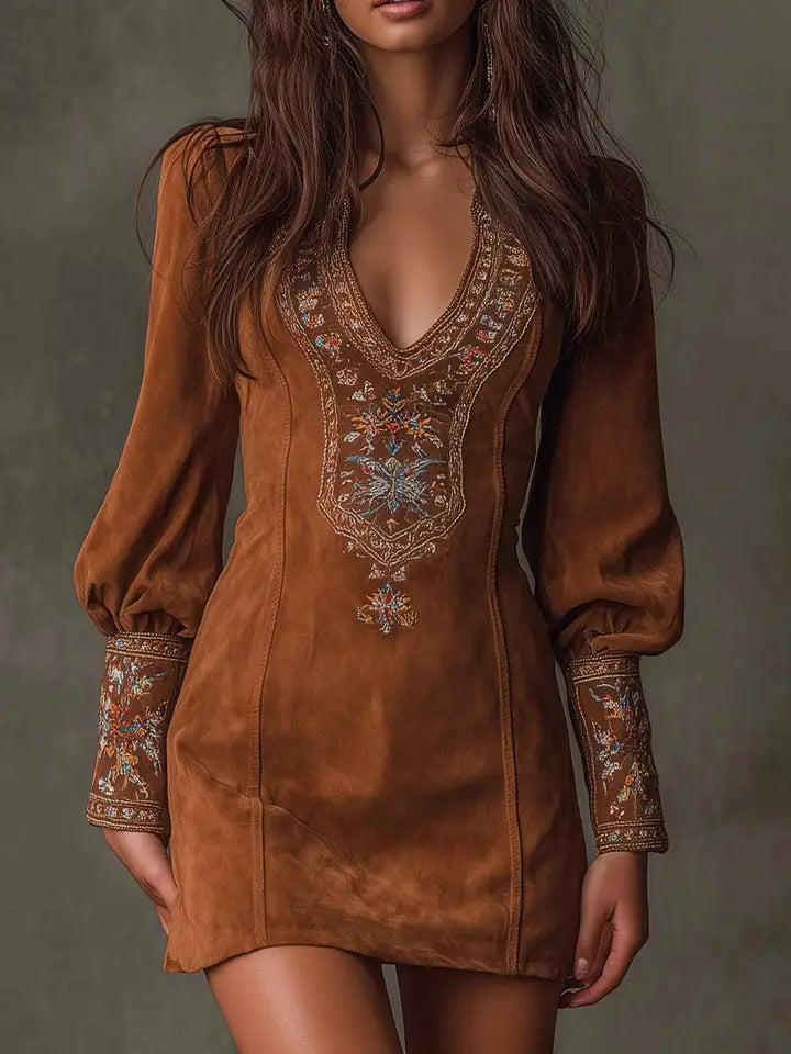 Western Cowboy Retro V-Neck Sexy Embroidered Dress