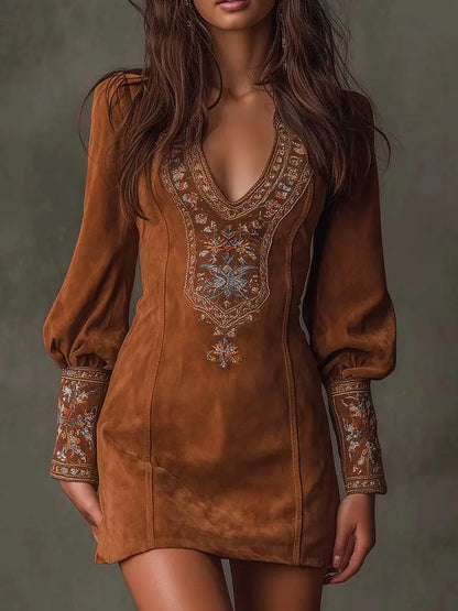 Western Cowboy Retro V-Neck Sexy Embroidered Dress