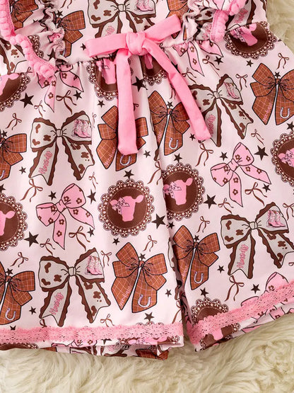 Coquette Western Bow Printed Pink & Brown Girls Romper