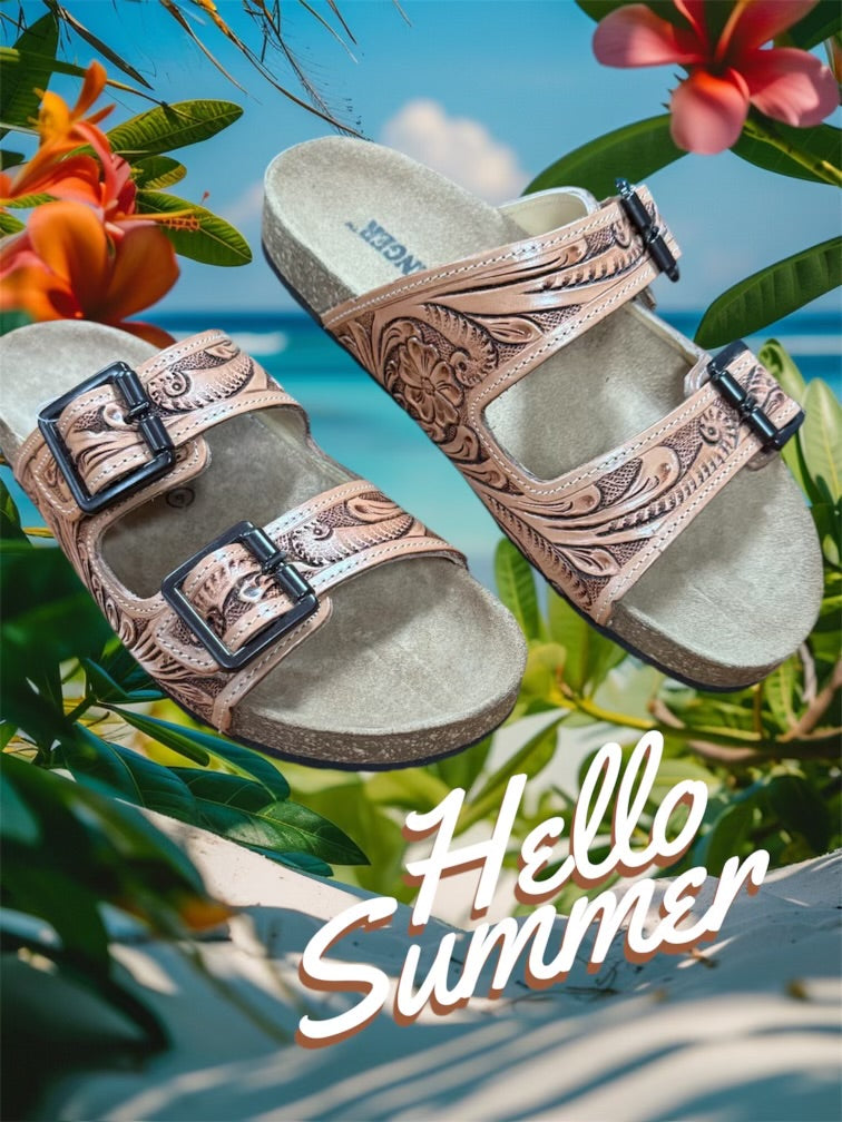 Western Double Strap Tooled Leather Sandals