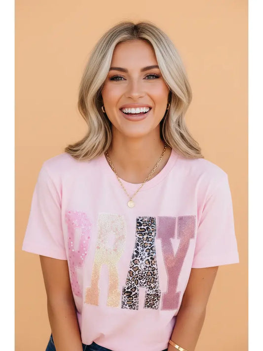 Pray Sequin Leopard Graphic Tee