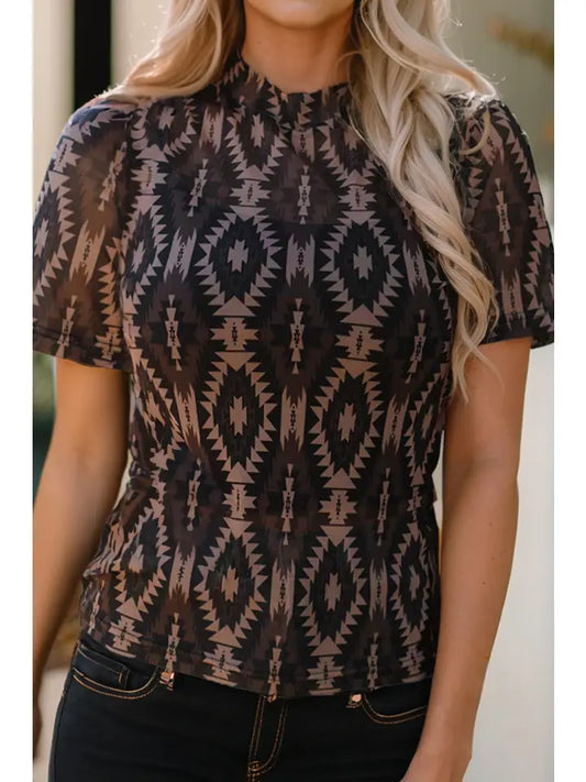 Western Print Mock Neck Short Sleeve Mesh Shirt