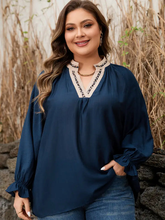 Leopard Contrast Collar Plus Size Long Sleeve Blouse