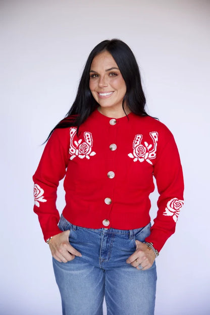 Red Double Horseshoe Knit Sweater