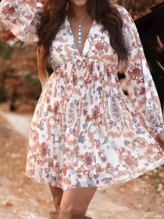 V-Neck Bohemian Floral Mini Dress
