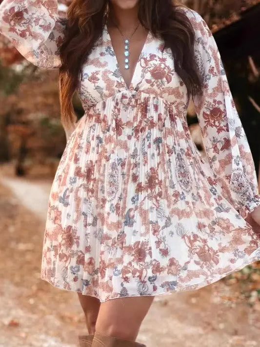 V-Neck Bohemian Floral Mini Dress
