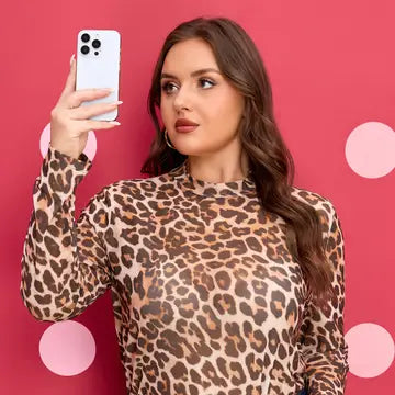 Plus Size Leopard Mesh Mock Neck Top