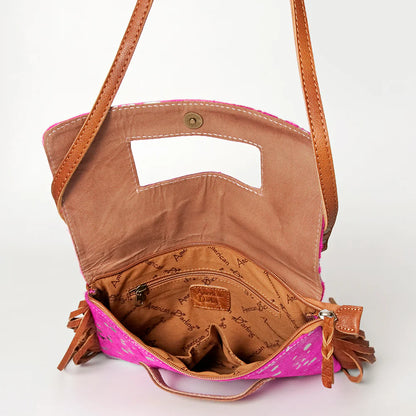 Pink Cowhide Silver Inlay Clutch Crossbody Purse