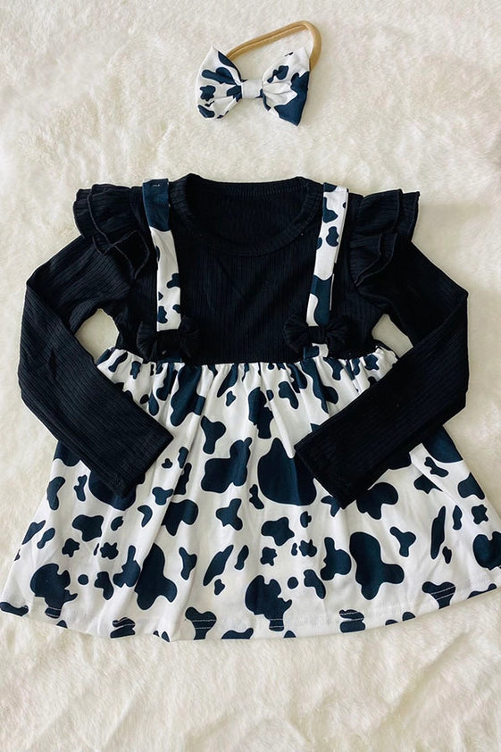 Western Cow Black Knitted Girls Boutique Dress