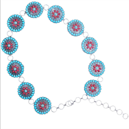 Turquoise & Red Circle Gem Concho Chain Belt