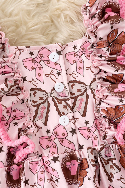 Coquette Western Bow Printed Pink & Brown Girls Romper