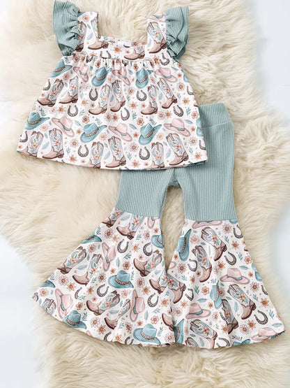 Western Printed On Dusty Green 2 Piece Set