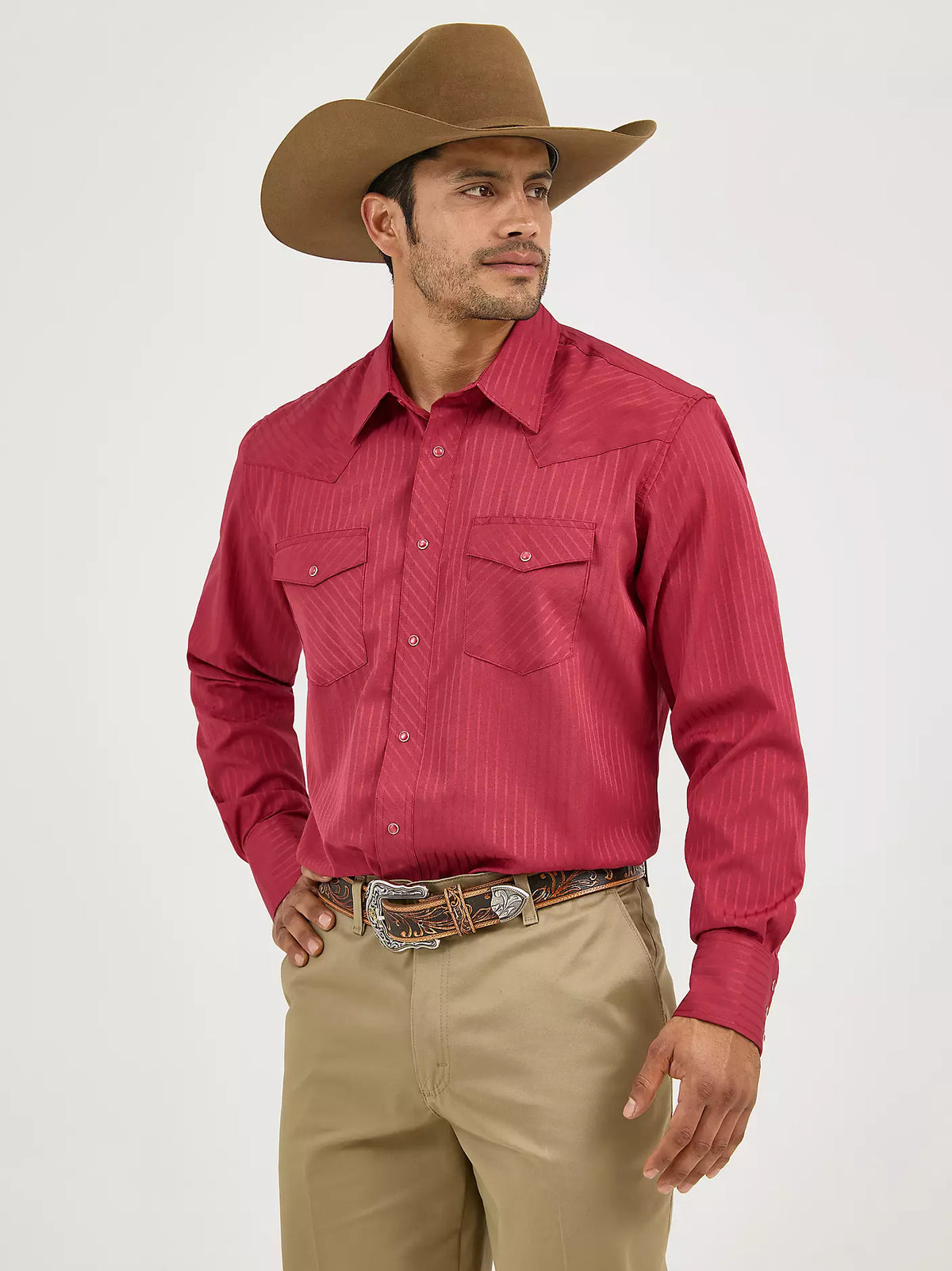 Wrangler Dobby Stripe Wine Long Sleeve Shirt
