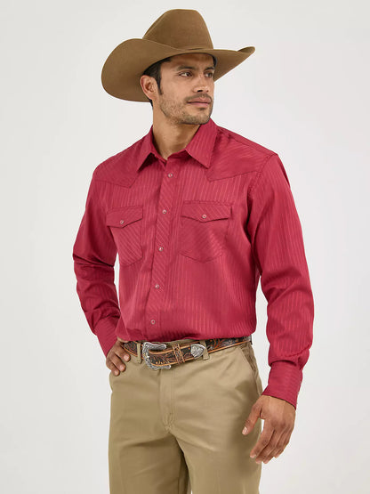 Wrangler Dobby Stripe Wine Long Sleeve Shirt