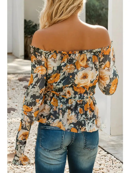 Floral Off Shoulder Bell Sleeve Smocked Peplum Top