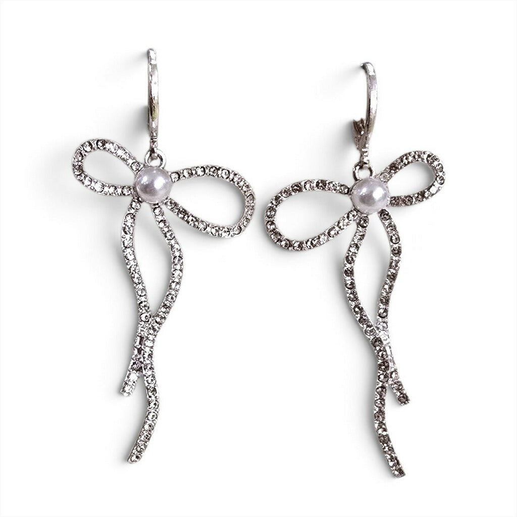 Silver Rhinestone Bow Earrings