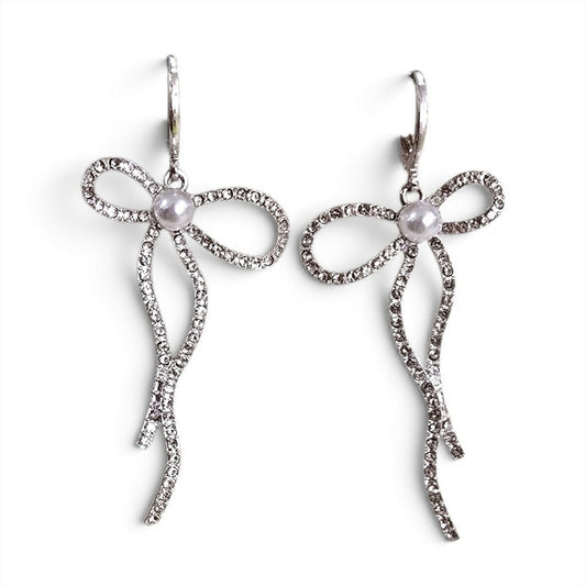 Silver Rhinestone Bow Earrings
