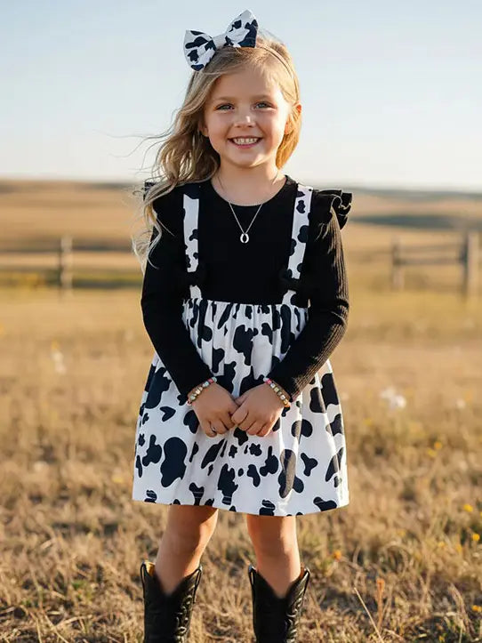 Western Cow Black Knitted Girls Boutique Dress