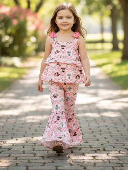 Highland Cow & Western Boots Printed Tunic & Bell Bottoms