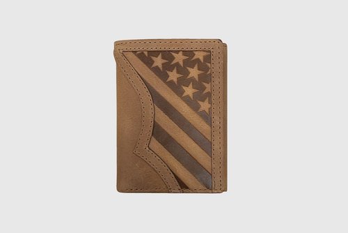 BROWN LEATHER EMBOSSED USA FLAG TRIFOLD WALLET