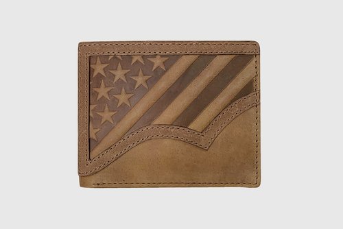 BROWN LEATHER EMBOSSED USA FLAG BIFOLD WALLET