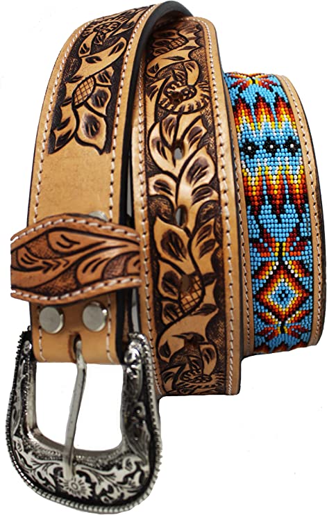 Western Floral Tooled Beaded Full-Grain Leather Belt