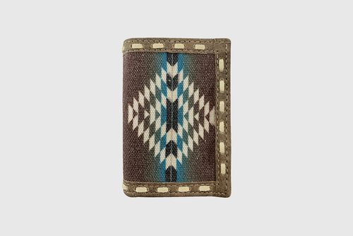 BROWN LEATHER LACED BLUE AZTEC TRIFOLD WALLET