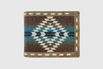 BROWN LEATHER LACED BLUE AZTEC BIFOLD WALLET