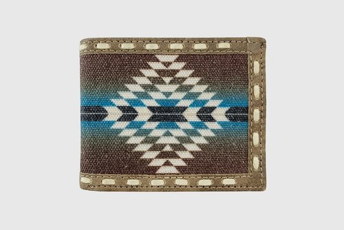 BROWN LEATHER LACED BLUE AZTEC BIFOLD WALLET