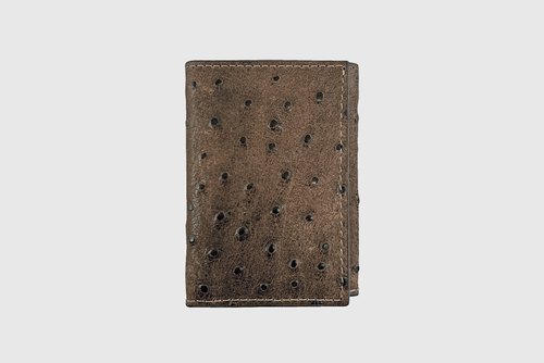 COCOA BROWN OSTRICH PRINT TRIFOLD WALLET