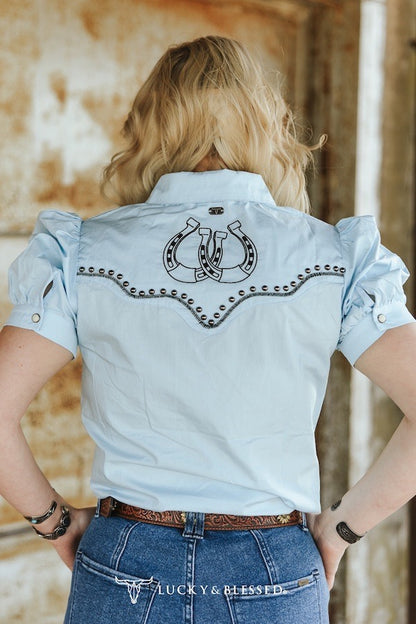 Light Blue Studded Contrast Embroidered Puff Pearl Snap Button Down Shirt