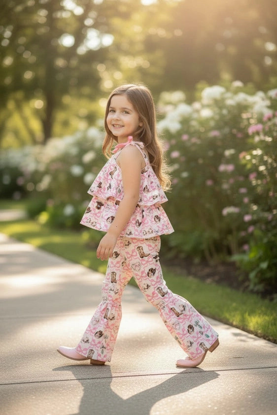 Highland Cow & Western Boots Printed Tunic & Bell Bottoms