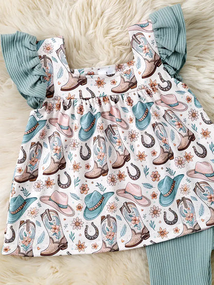 Western Printed On Dusty Green 2 Piece Set