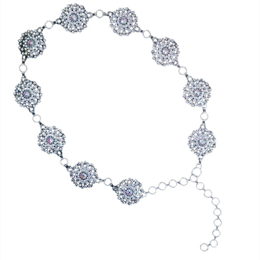 AB Rhinestone Floral Concho Chain Belt