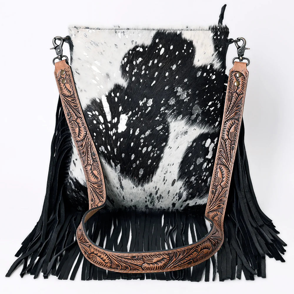 FARA BLACK COWHIDE SILVER SPECK CROSSBODY PURSE