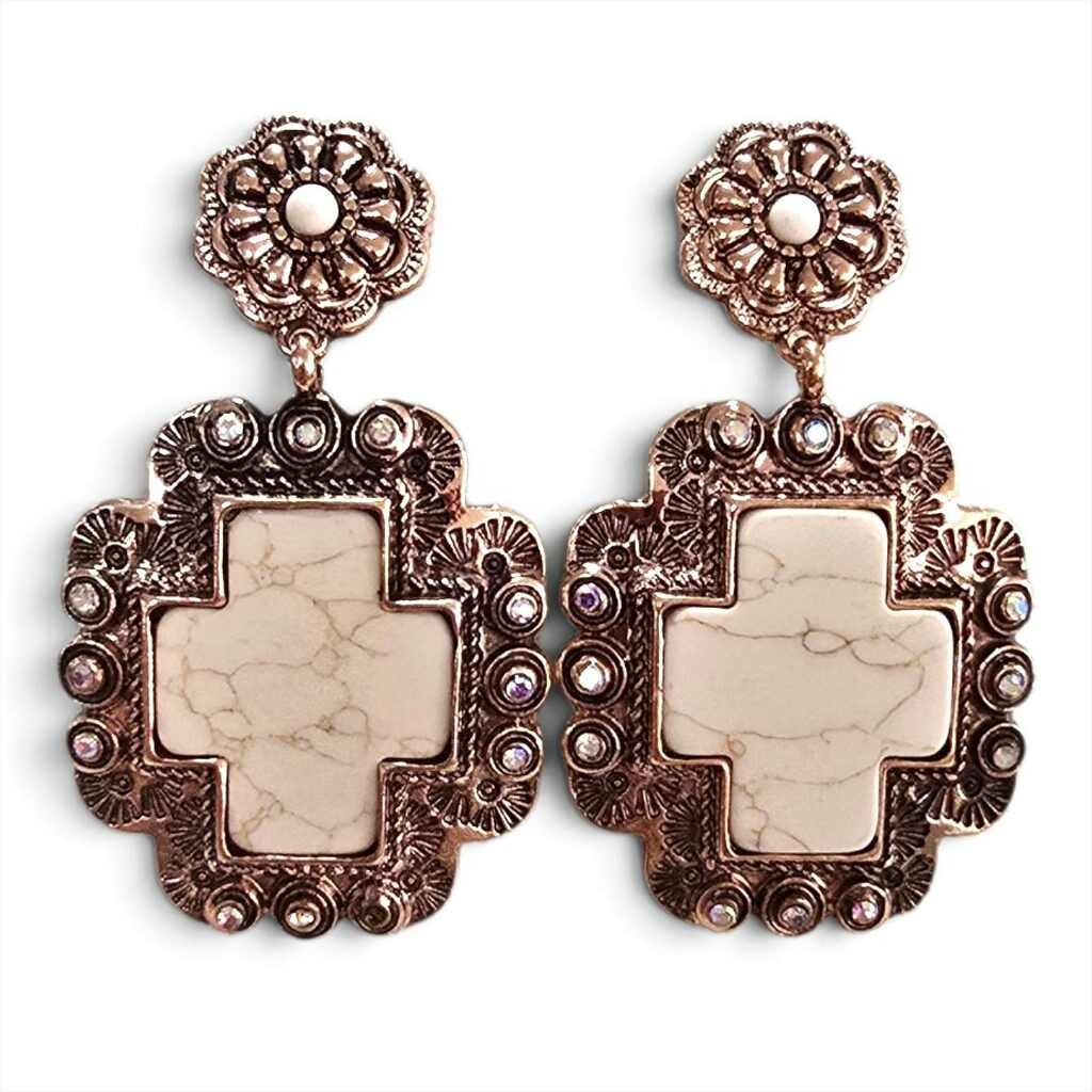 White Gem Bronze Cross Earrings