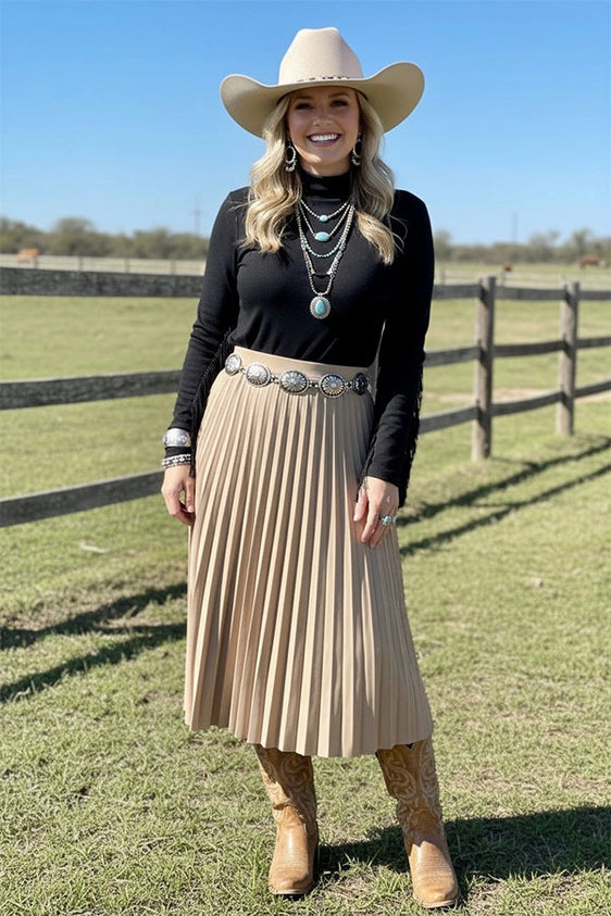 Western Black Crop Long Sleeve Fringe Top