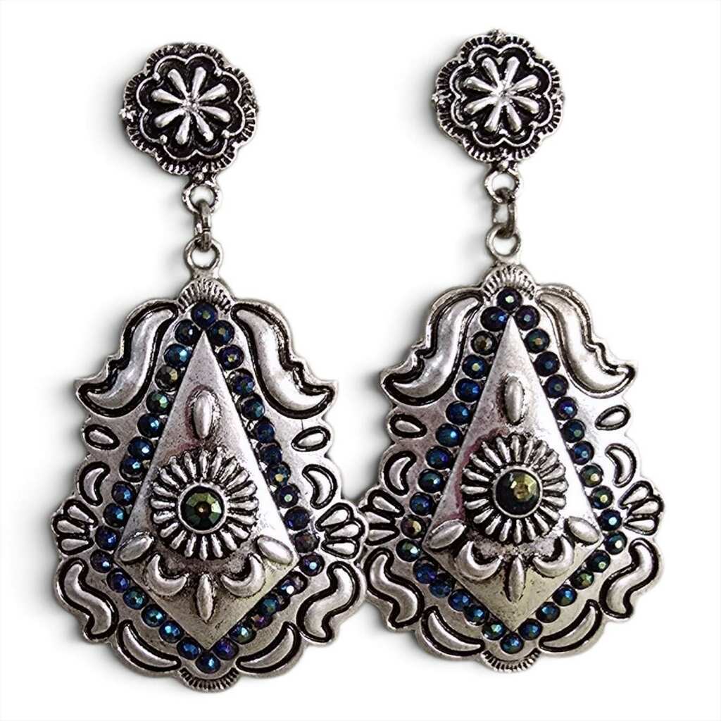 Silver Concho Blue Rhinestone Earrings