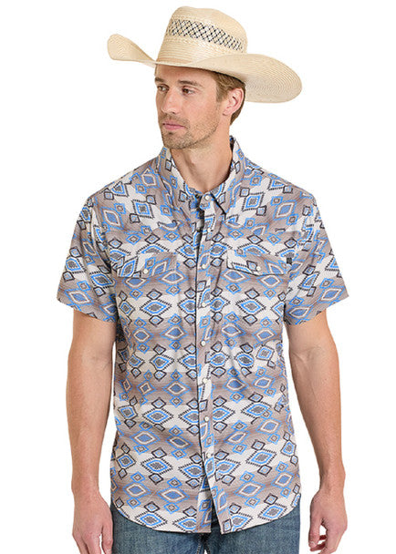 Rock & Roll Denim Aztec Print Tek Short Sleeve Shirt