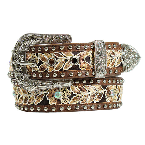 Angel Ranch Ladies Brown Floral Stitch Crystal Belt