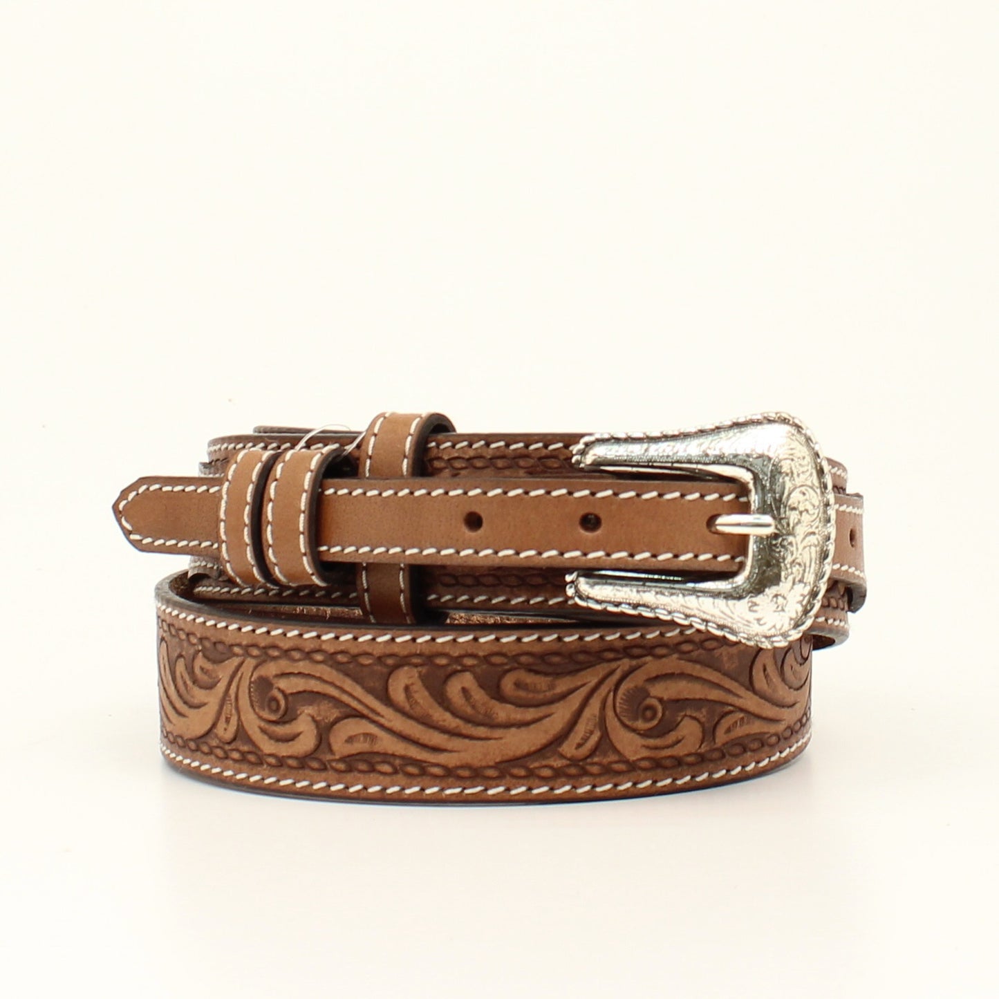 ARIAT MENS BELT 1 1/2 STITCH FLORAL TOOLED RANGER BROWN