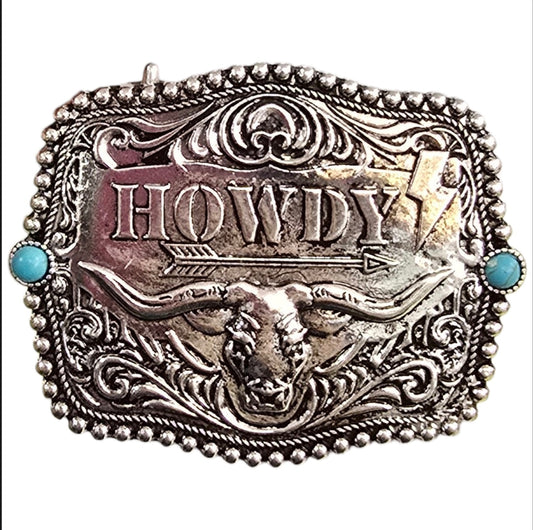 Howdy Longhorn Turquoise Stone Kid's Buckle