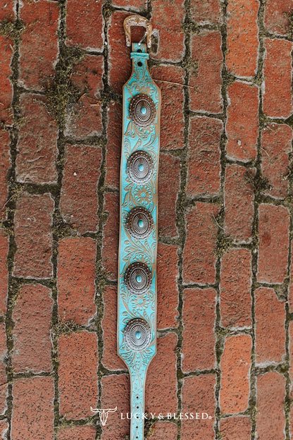 Turquoise Beige Tooled Leather Conho Wide Concho Belt