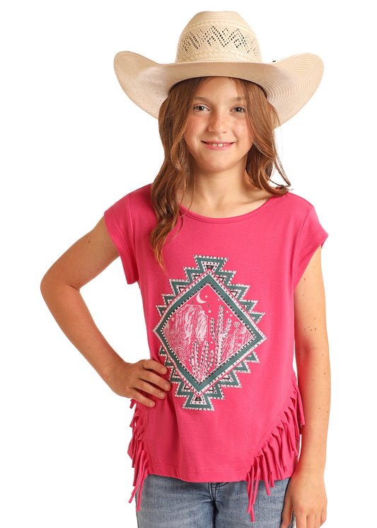 ROCK & ROLL PINK AZTEC RHINESTONE FRINGE TOP