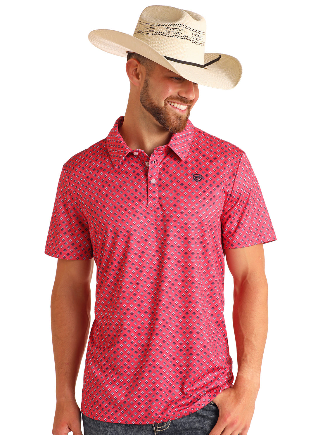 ROCK & ROLL HOT PINK GEO PRINTED POLO