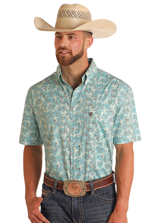 ROCK & ROLL TURQUOISE FLORAL PAISLEY SHORT SLEEVE SHIRT