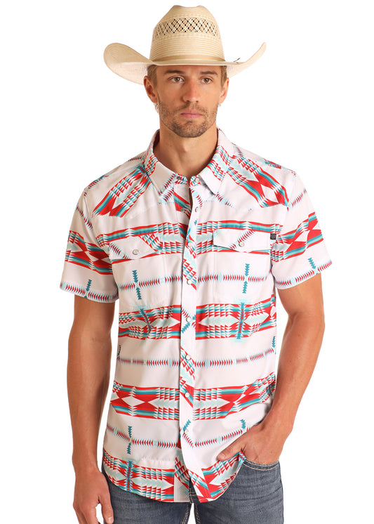 ROCK & ROLL WHITE TEK AZTEC SHORT SLEEVE SNAP SHIRT